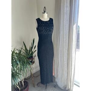 Laurence Kagar Women’s L Gown Black Silk Beaded Evening Gown Maxi 90s Formal